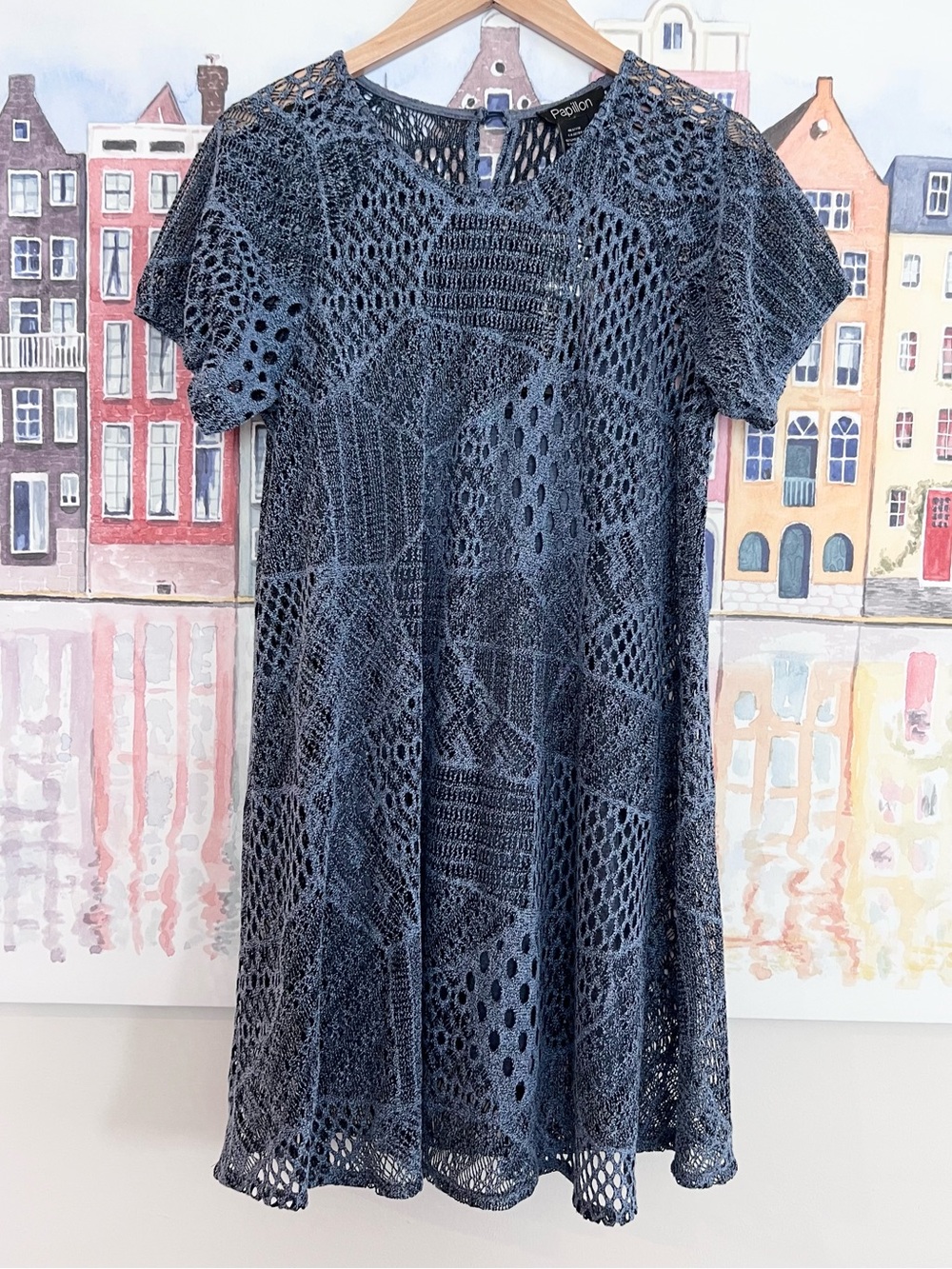 NWT Papillon A-Line Short Sleeve Blue Crocheted Tunic with Cami Size Small